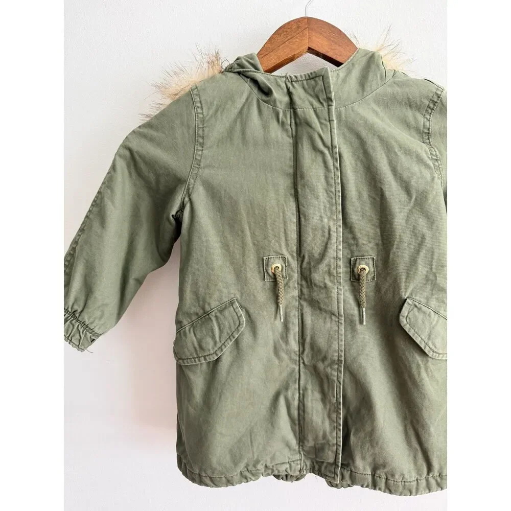 Baby Gap Toddler 3 Years Olive Green Faux Fur Hood Utility Parka Jacket